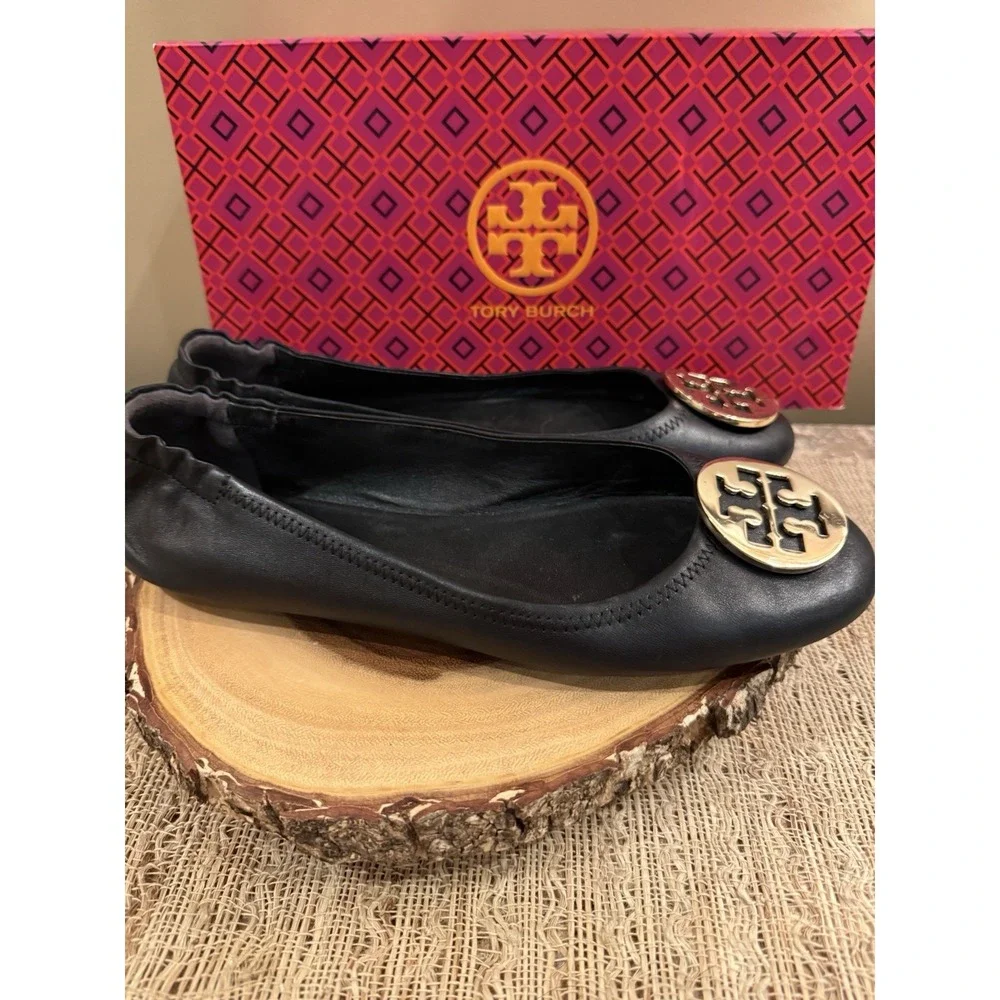 Tory Burch Minnie Travel Ballet Flats Black Leather Gold Logo Sz-10M